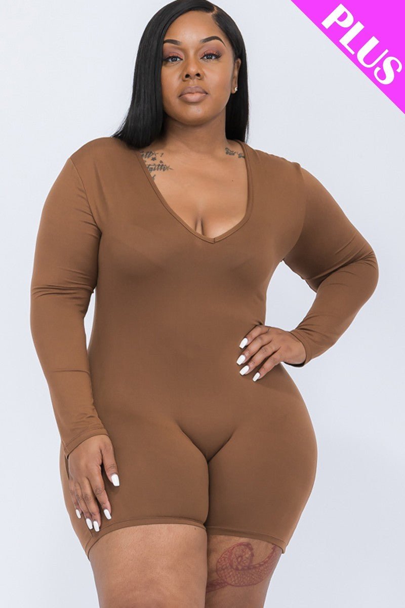 Plus Size Lovely Ladies 92% Polyester 8% Spandex V-neck Long Sleeve Bodycon Romper (Brown Sugar)