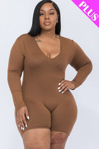 Plus Size Lovely Ladies 92% Polyester 8% Spandex V-neck Long Sleeve Bodycon Romper (Brown Sugar)