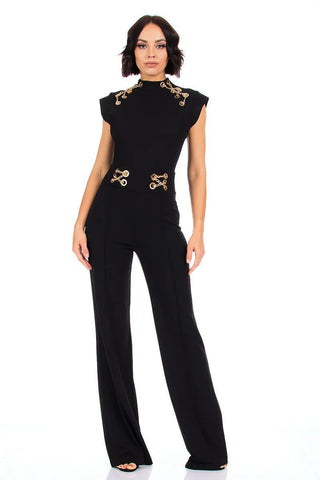 Our Best 95% Polyester 5% Spandex Eyelet With Gold Chain Detailed Cap Sleeve Fashion Jumpsuit (Black)