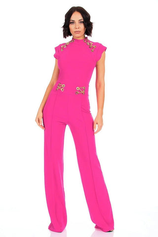 Our Best 95% Polyester 5% Spandex Eyelet With Gold Chain Detailed Cap Sleeve Fashion Jumpsuit (Fuchsia)