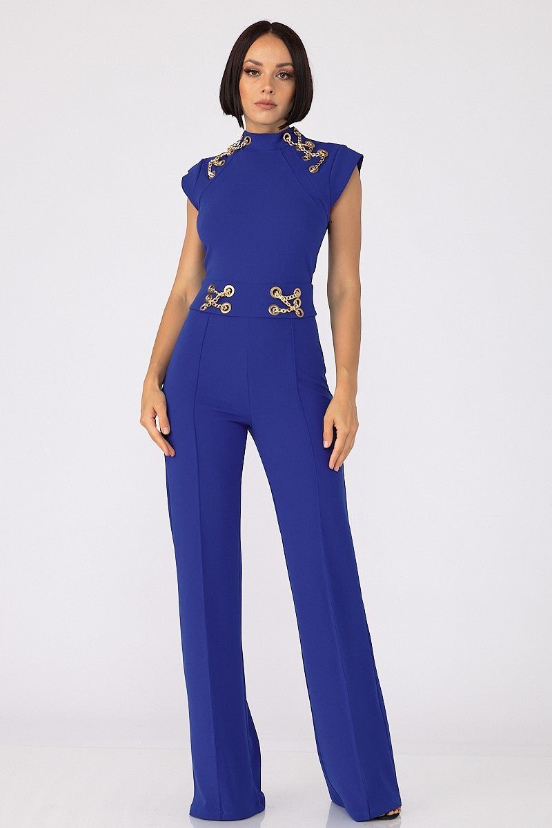 Our Best 95% Polyester 5% Spandex Eyelet With Gold Chain Detailed Cap Sleeve Fashion Jumpsuit (Royal)