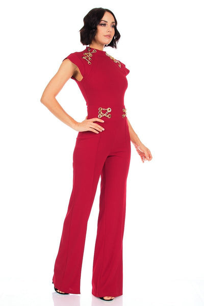 Our Best 95% Polyester 5% Spandex Eyelet With Gold Chain Detailed Cap Sleeve Fashion Jumpsuit (Red)