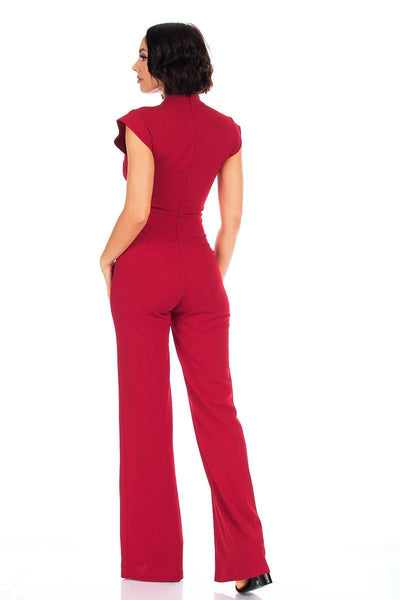 Our Best 95% Polyester 5% Spandex Eyelet With Gold Chain Detailed Cap Sleeve Fashion Jumpsuit (Red)