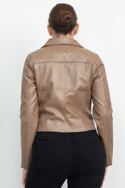 Zippered Notch Lapel Biker Jacket 65% Polyester 35% Cotton. Lining: 100% Polyester (Coffee)