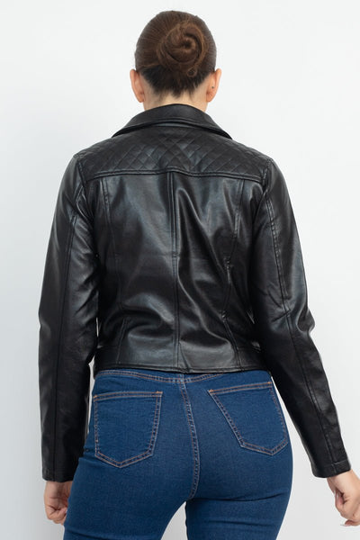 Zippered Notch Lapel Faux Leather Biker Jacket 65% Polyester 35% Cotton. Lining: 100% Polyester
