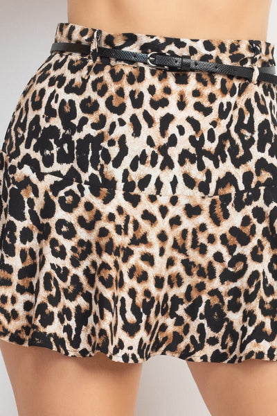 Samantha On Safari 98% Cotton 2% Spandex Belted High-Rise Solid Color Mini Skirt (Leopard)