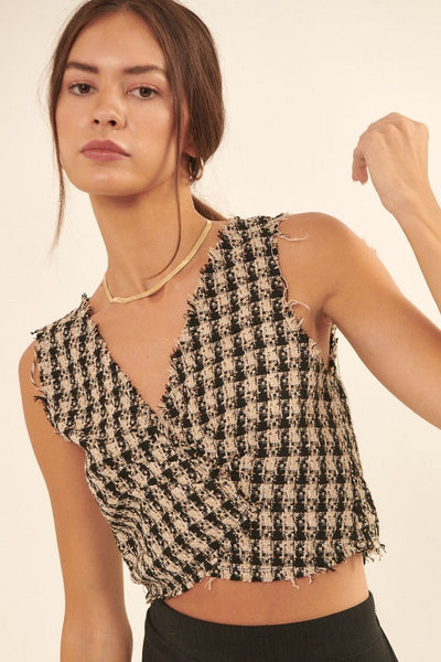 Our Best 100% Polyester V-Neckline Sleeveless Fringe Trim Plaid Woven Vest (Sand Black)