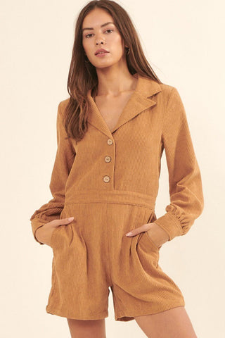 Our Best 100% Polyester Lapel Collar Long Sleeve Relaxed Fit Smocked Back Corduroy Romper (Taupe)