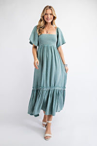 Fionna Fancy Free 100% Cotton Square Neckline Wing Sleeve Pleated Ruffled Skirt Detail Relaxed Fit Maxi Dress (Seafoam)