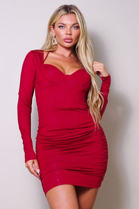 Our Best 82% Nylon 18% Spandex Long Sleeve Off The Shoulder Corset Halter Ruched Rib Mini Dress (Port)