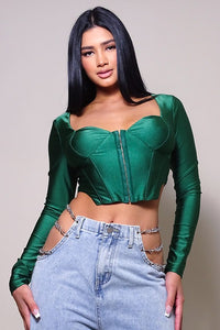 Our Best Long Sleeve 85% Polyester 15% Spandex Queen Anne Neckline Corset Top (Hunter)