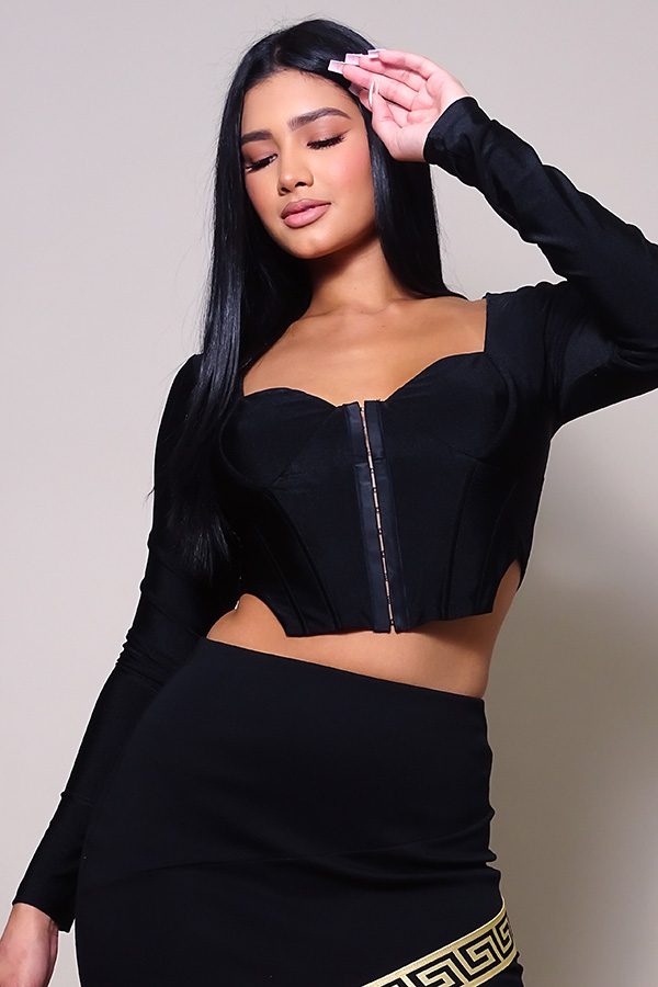 Our Best Long Sleeve 85% Polyester 15% Spandex Queen Anne Neckline Corset Top (Black)