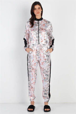 Our Best 100% Polyester Satin Effect Multi Color Print Cuffed Sleeve Two Piece Zip-up Jacket & Pants Set (White/Black)