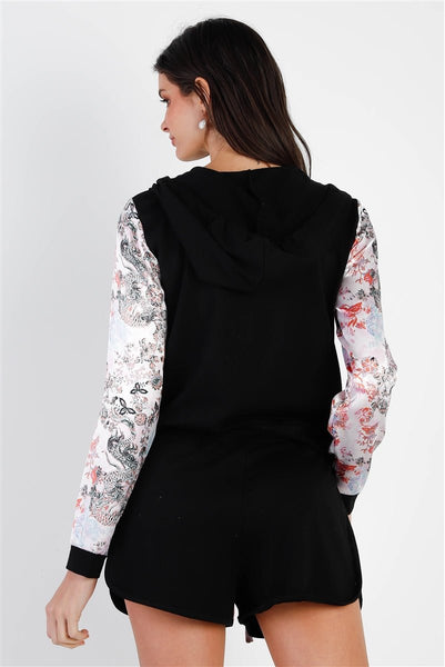 Our Best 33% Cotton 60% Polyester 5% Spandex Black & Satin Effect Floral Print Hooded Top & Short Set (Black/White)