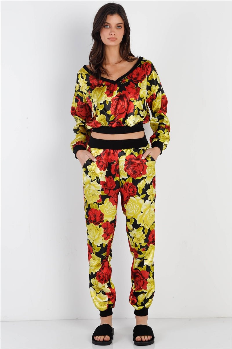 Our Best 100% Polyester Satin Effect Multi Color Print Cuffed Sleeve Two Piece Zip-up Jacket & Pants Set (Red/Lime))