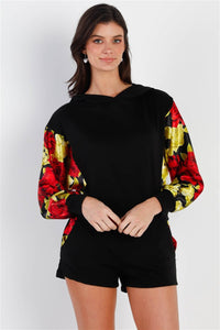 Our Best 87% Polyester 10% Rayon 3% Spandex Black & Satin Effect Red & Lime Floral Print Hooded Top & Short Set (Black/Flower)