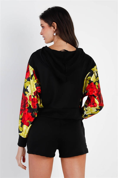 Our Best 87% Polyester 10% Rayon 3% Spandex Black & Satin Effect Red & Lime Floral Print Hooded Top & Short Set (Black/Flower)