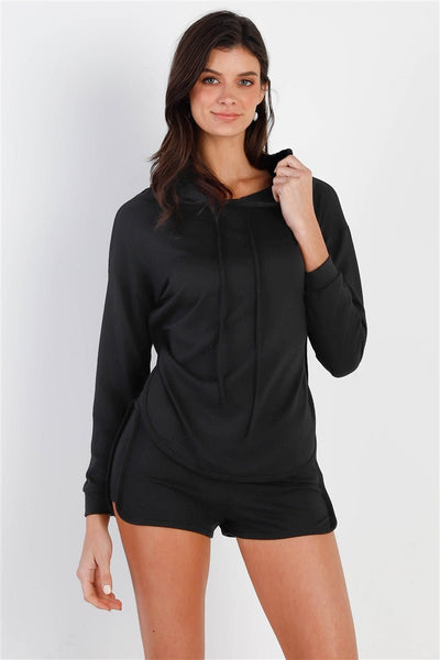 Our Best 82% Polyester 15% Rayon 3% Spandex Racer Back Detail Long Sleeve Hooded Top & Short Two Piece Set (Black)
