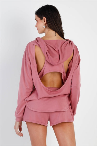Our Best 82% Polyester 15% Rayon 3% Spandex Racer Back Detail Long Sleeve Hooded Top & Short Two Piece Set (Mauve)