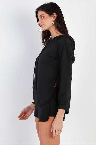 Our Best 82% Polyester 15% Rayon 3% Spandex Racer Back Detail Long Sleeve Hooded Top & Short Two Piece Set (Black)