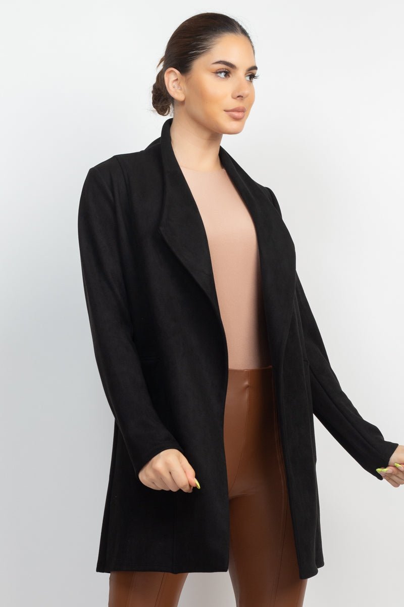 Our Best 95% Polyester 5% Spandex Open Front Notch Collar Long Sleeve Suede Blazer (Black)