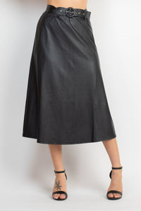 Our Best 95% Polyester 5% Spandex Faux Leather Belted A-line Skirt (Black)