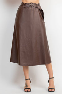 Our Best 95% Polyester 5% Spandex Faux Leather Belted A-line Skirt (Dark Brown)