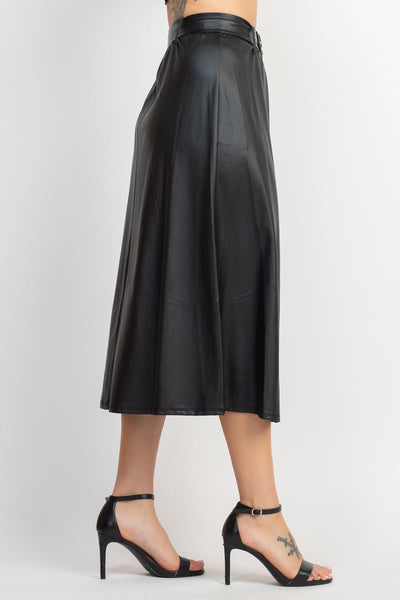Our Best 95% Polyester 5% Spandex Faux Leather Belted A-line Skirt (Black)
