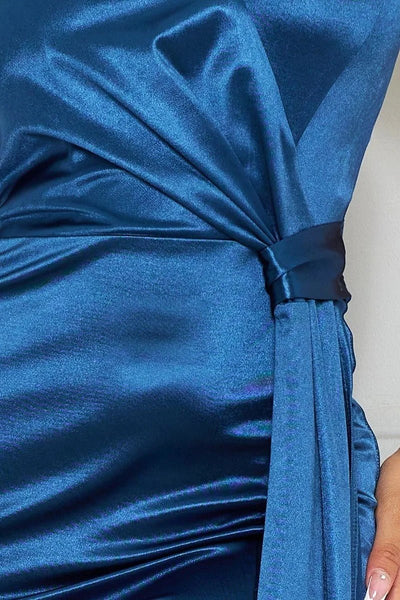 Satin Doll 88% Polyester 12% Spandex Symmetrical Neckline One Shoulder Pleated Draped Side Maxi Dress (Teal Blue)