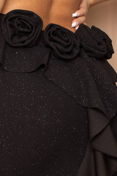 Glenda Glitter Glam 95% Polyester 5% Spandex Halter Top Ruffle & Floral Embellished Hip Detail Mermaid Maxi Cocktail Dress (Black)