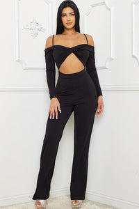Selena Sexie 95% Polyester 5% Spandex Cold Shoulders Long Sleeve Spaghetti Strap Waist Tie Jumpsuit (Cream)