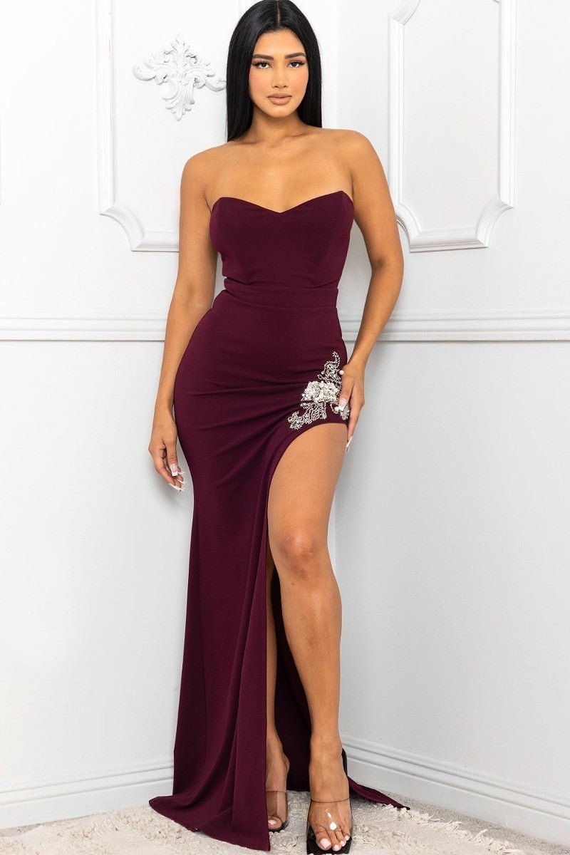 Doreen Maxine 95% Polyester 5% Spandex Beaded Embroidered Thigh Slit Detail Maxi Cocktail Dress (Maroon)