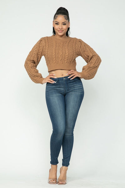 Our Best 100% Acrylic Long Sleeve Cable Knit Pullover Crop Top (Mocha)