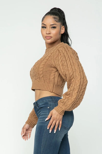 Our Best 100% Acrylic Long Sleeve Cable Knit Pullover Crop Top (Mocha)