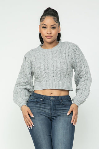 Our Best 100% Acrylic Long Sleeve Cable Knit Pullover Crop Top (Heather Grey)