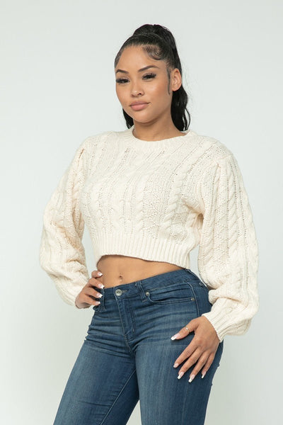 Our Best 100% Acrylic Long Sleeve Cable Knit Pullover Crop Top (Cream)