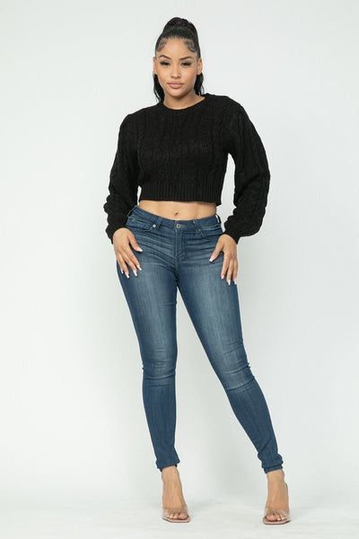 Our Best 100% Acrylic Long Sleeve Cable Knit Pullover Crop Top (Black)