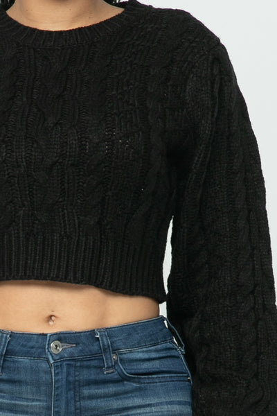Our Best 100% Acrylic Long Sleeve Cable Knit Pullover Crop Top (Black)