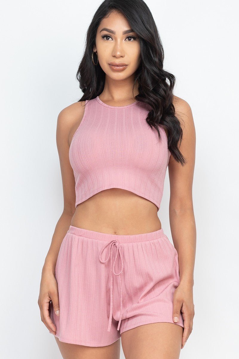 Our Best 95% Polyester 5% Spandex Soft Rib Crop Tank Top & Shorts Two Piece Set (Mauve)