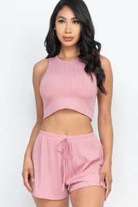 Our Best 95% Polyester 5% Spandex Soft Rib Crop Tank Top & Shorts Two Piece Set (Mauve)