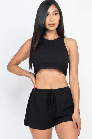 Our Best 95% Polyester 5% Spandex Soft Rib Crop Tank Top & Shorts Two Piece Set (Black)