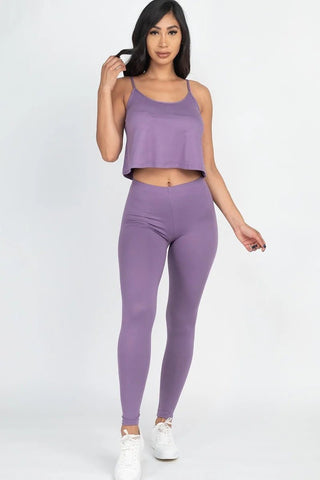 Our Best 92% Polyester 8% Spandex Cami Top And Leggings Two Piece Set (Grape)