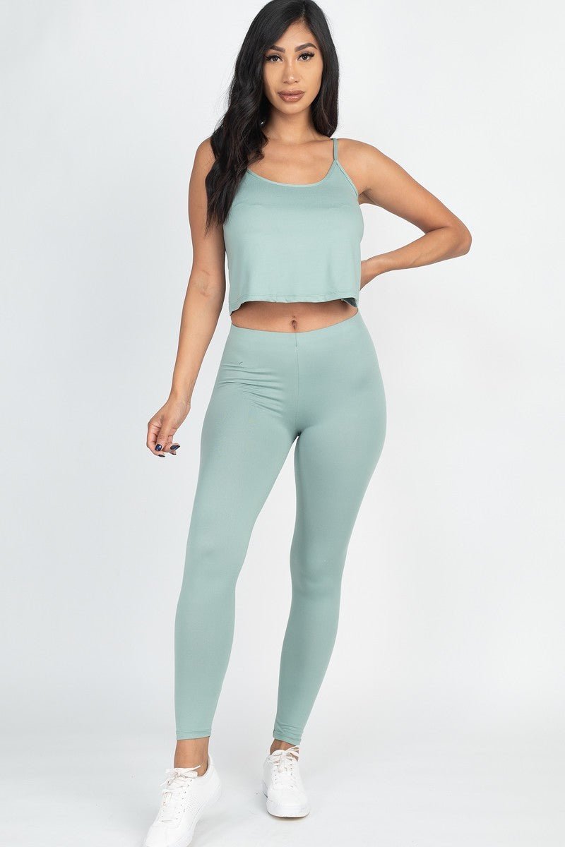 Our Best 92% Polyester 8% Spandex Cami Top And Leggings Two Piece Set (Green Bay)