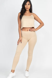 Our Best 92% Polyester 8% Spandex Cami Top And Leggings Two Piece Set (Safari)