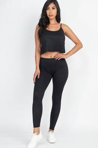 Our Best 92% Polyester 8% Spandex Cami Top And Leggings Two Piece Set (Black)