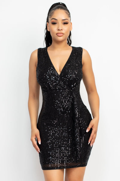 Madeleine At Midnight 90% Polyester 10% Spandex V-neckline Sleeveless Concealed Back Zip Sequin Mesh Bodycon Mini Dress (Black)