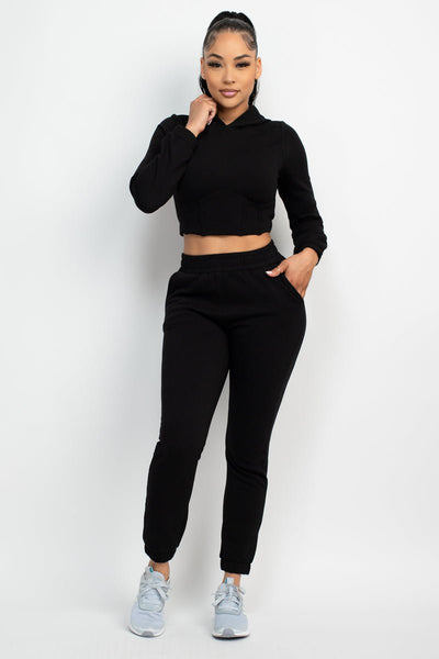 Our Best 63% Polyester Rayon Blend Hooded Two Piece Corset Top & Pants Active Wear Set (Black)