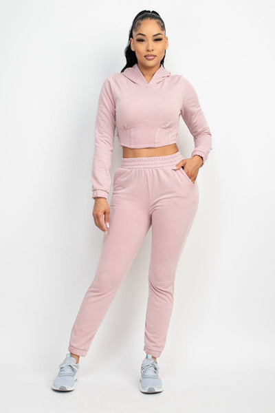 Our Best 63% Polyester Rayon Blend Hooded Two Piece Corset Top & Pants Active Wear Set (Dusty Pink)