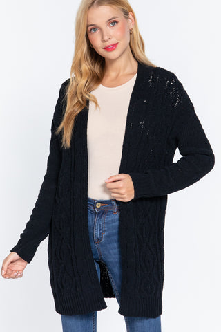 Our Best 100% Polyester Open Front Long Sleeve Chenille Sweater Cardigan (Black)