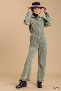 Mari Marilyn Mid Button Down Polyester/Spandex Blend Stone Wash Wide Leg Side Pockets Detail Distressed Jumpsuit (Olive)